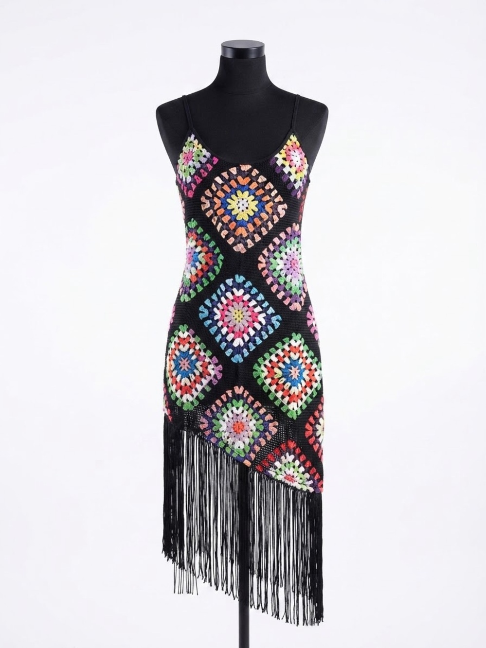 Black Crochet Fringe Mini Dress with Multicolor Diamond Motifs